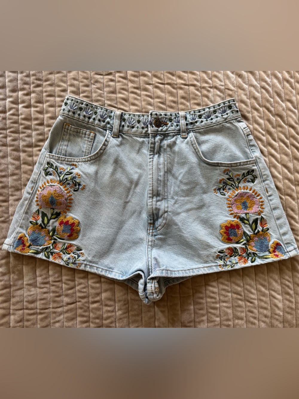 FARM Rio Light Wash Denim Shorts with Multicolor Floral Embroidery